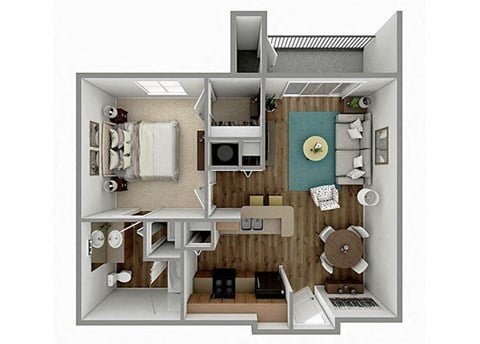 Floor plan for 1 bed, 1 bath, 637 sqft
